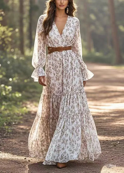 V Neck Patchwork Chiffon Long Dresses Petal Sleeve