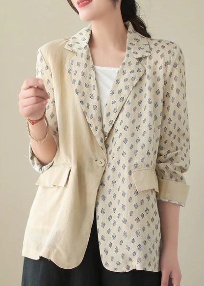 Beige Peter Pan Collar Print Ramie Coats Long Sleeve