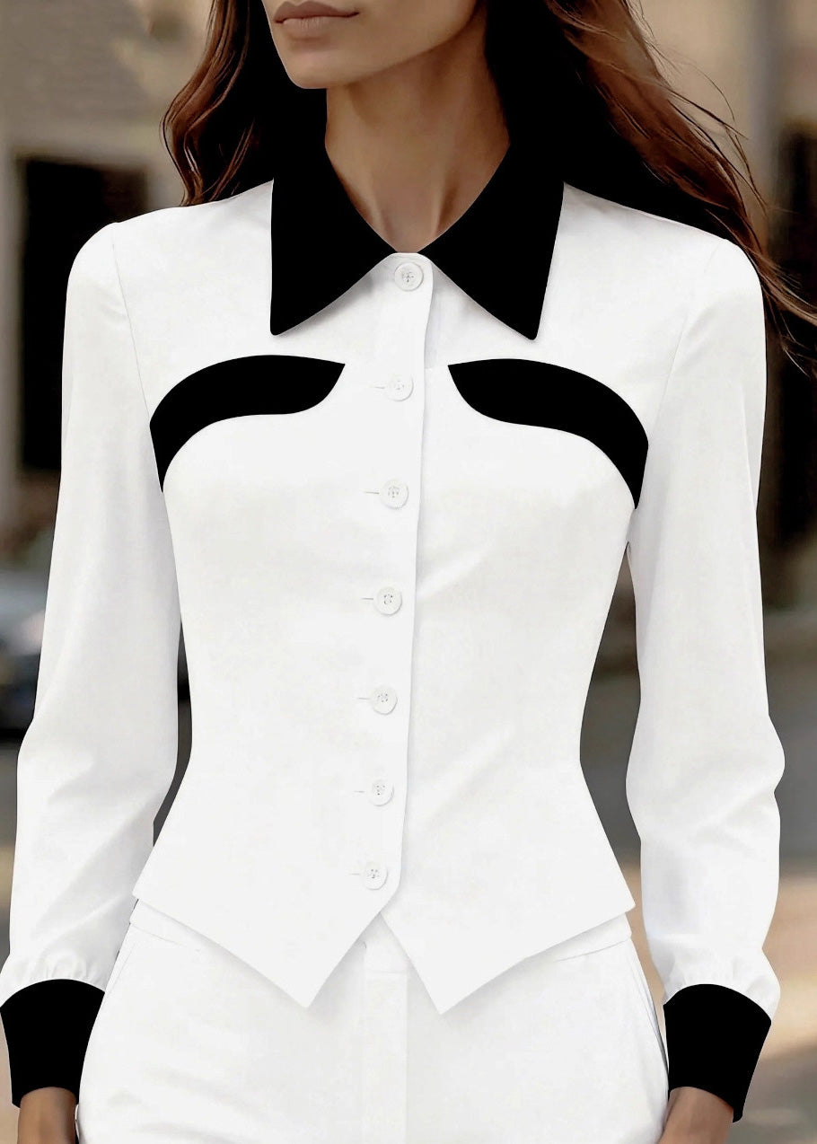 Slim Fit Khaki Peter Pan Collar Patchwork Silk Top Spring