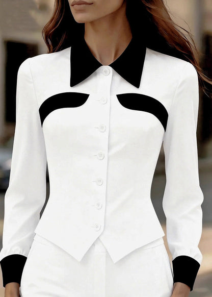 Slim Fit Khaki Peter Pan Collar Patchwork Silk Top Spring