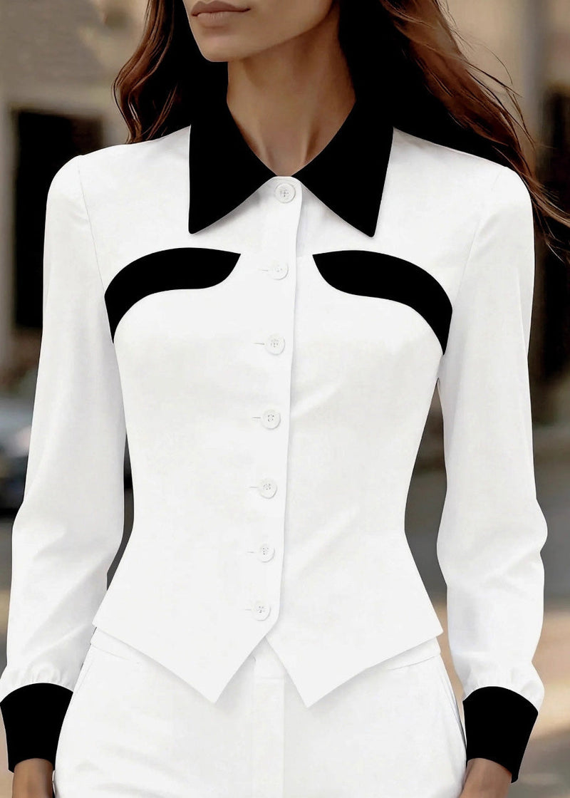 Slim Fit Khaki Peter Pan Collar Patchwork Silk Top Spring