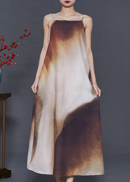 Brown Tie Dye Draping Silk Spaghetti Strap Dress Summer