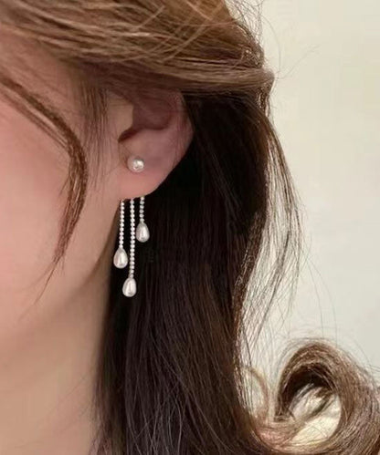 Gold Sterling Silver Overgild Zircon Pearl Tassel Drop Earrings