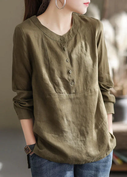 Classy Green O-neck Button Patchwork Linen Shirt Top Long Sleeve