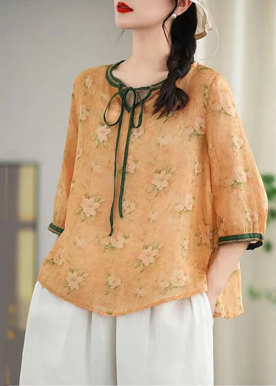 Khaki Print Lace Up Linen Blouses Spring