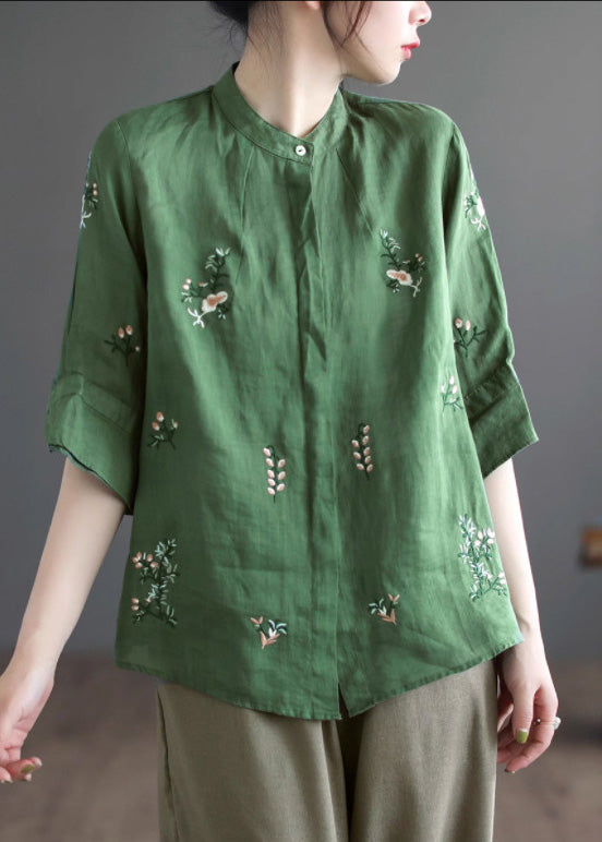 Art Khaki Embroidered Button Ramie Shirt Half Sleeve