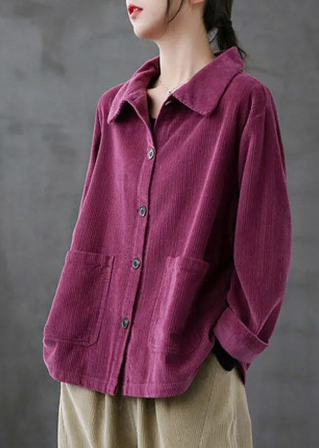 Chocolate Loose Pockets Shirt Top Long Sleeve Corduroy Coat