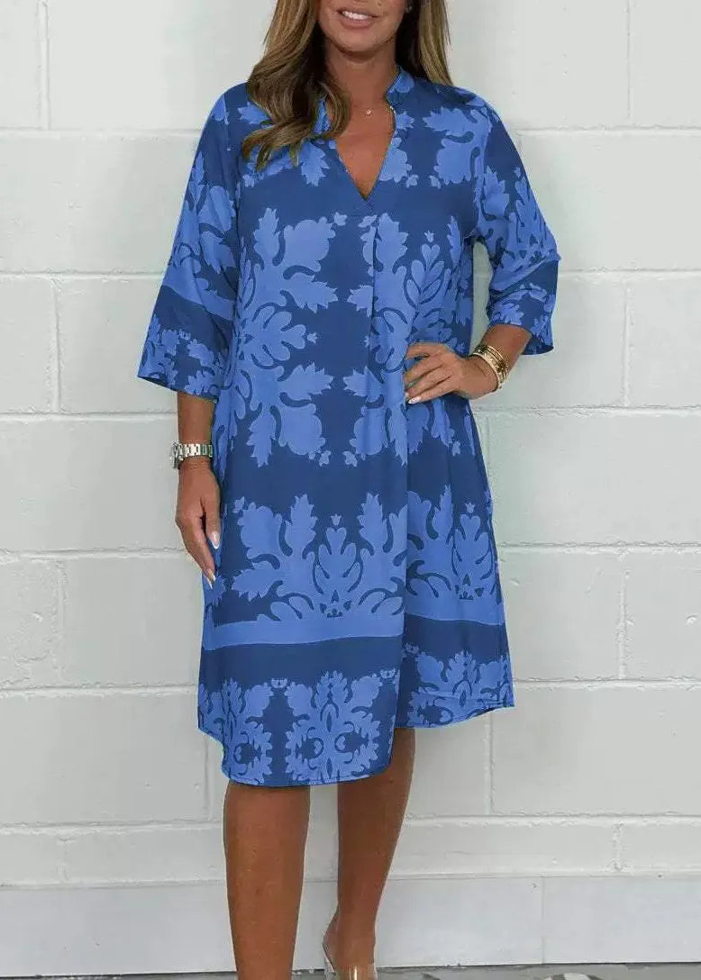 Green V Neck Print Cotton Mid Dress Bracelet Sleeve