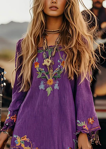 Purple Print Cotton Mid Dresses Long Sleeve