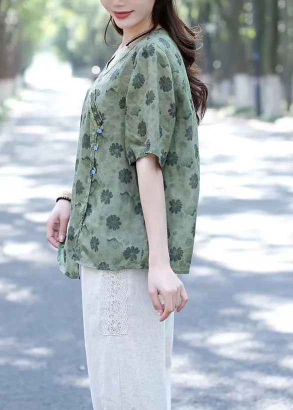 Green V Neck Print Patchwork Linen Shirts Summer