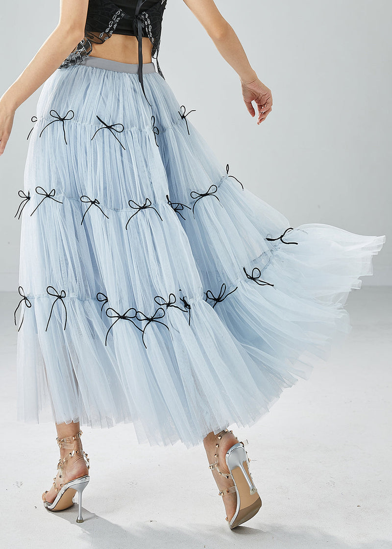 Sky Blue High Waist Patchwork Bow Tulle Skirt Summer
