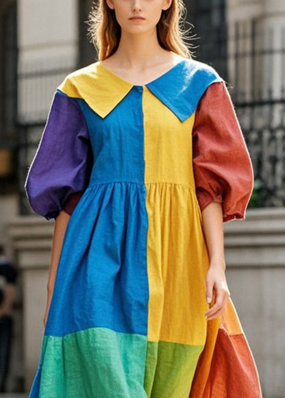Diy Colorblock Patchwork Cotton Dress Oversized Half Sleeve
