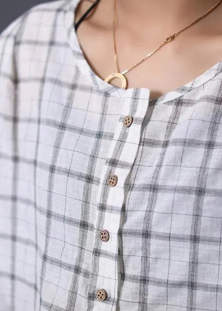 White Plaid Linen Tunic Cotton O Neck Summer Shirt