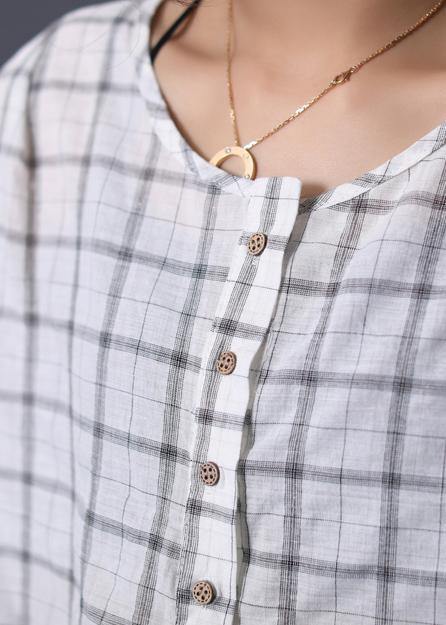 White Plaid Linen Tunic Cotton O Neck Summer Shirt