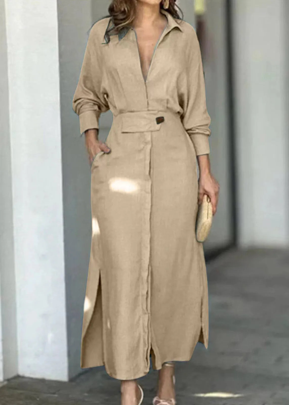 Apricot Peter Pan Collar Side Open Cotton Dress Full