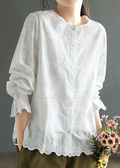 Diy White O Neck Patchwork Embroidered Cotton Blouses Spring