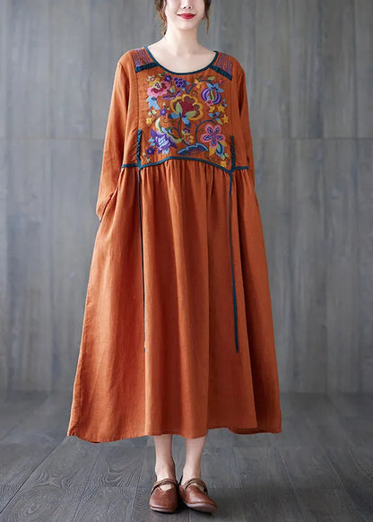 Orange O Neck Embroidered Patchwork Cotton Dress Spring