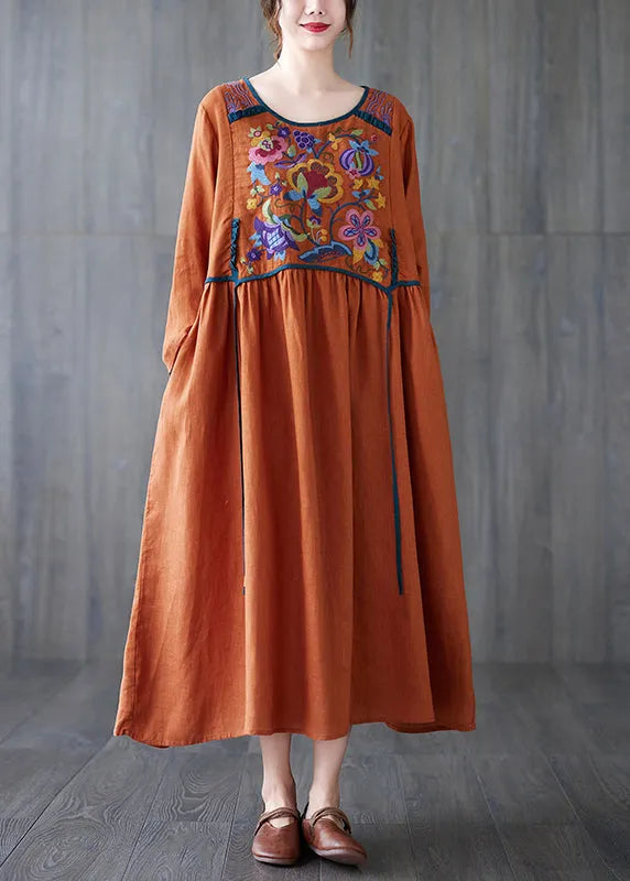 Orange O Neck Embroidered Patchwork Cotton Dress Spring