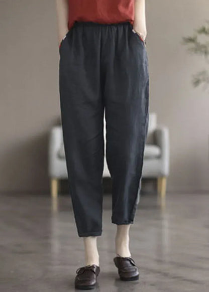 Black Pockets Linen Crop Pants Summer