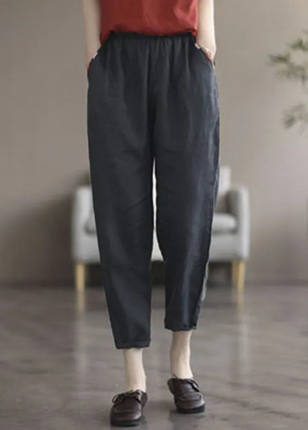 Black Pockets Linen Crop Pants Summer