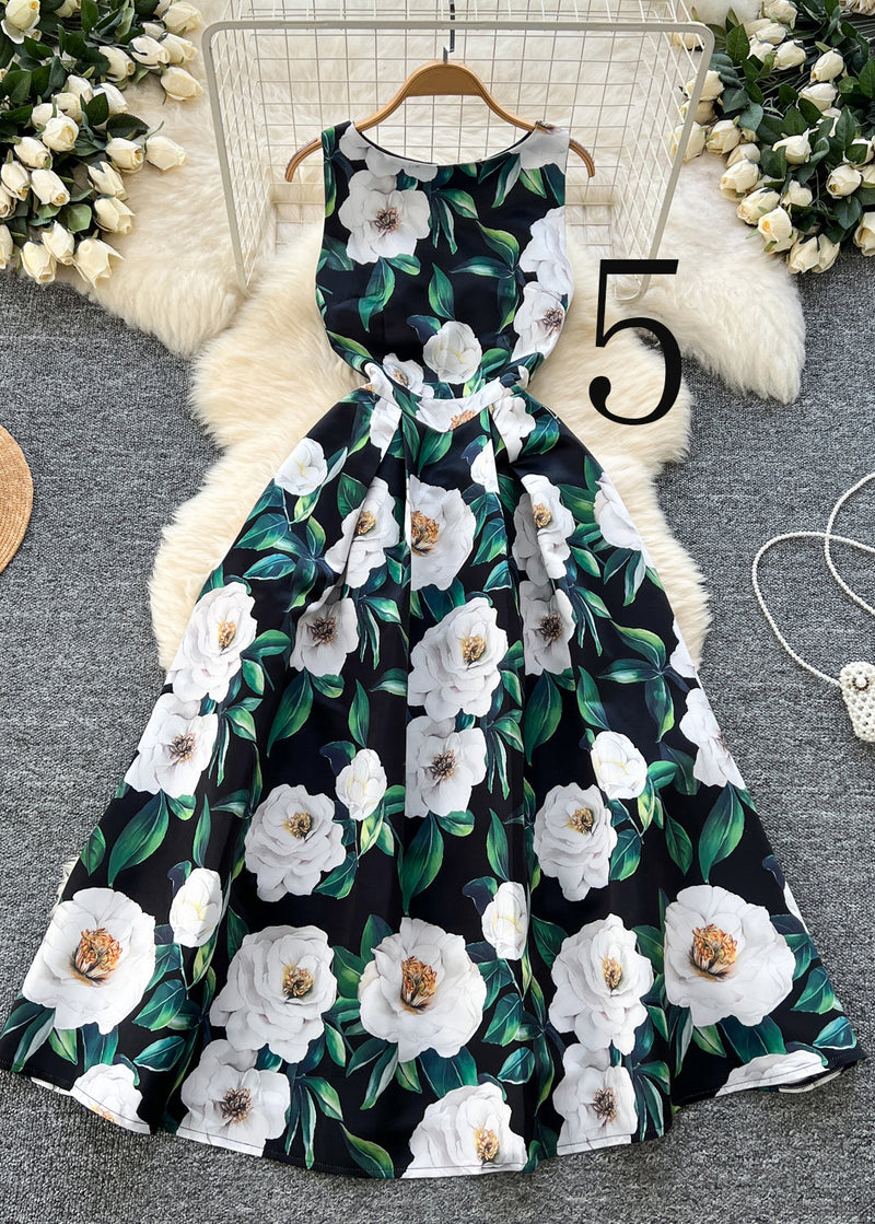 Flower Print Exra Large Hem Silk Tea Dress Sleeveless
