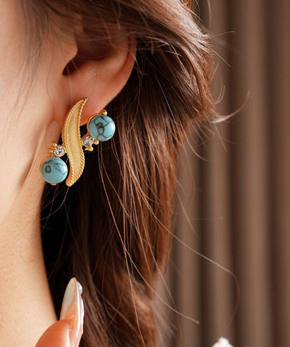 Gold Alloy Zircon Turquoise Stud Earrings