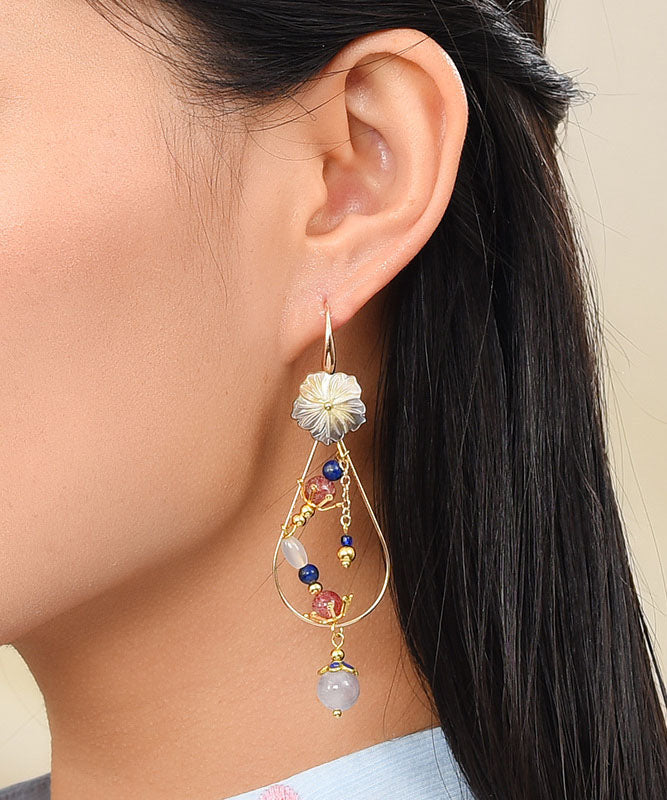 Fine Purple Crystal Shellfish Flower 14k Gold Hollow Out Drop Earrings