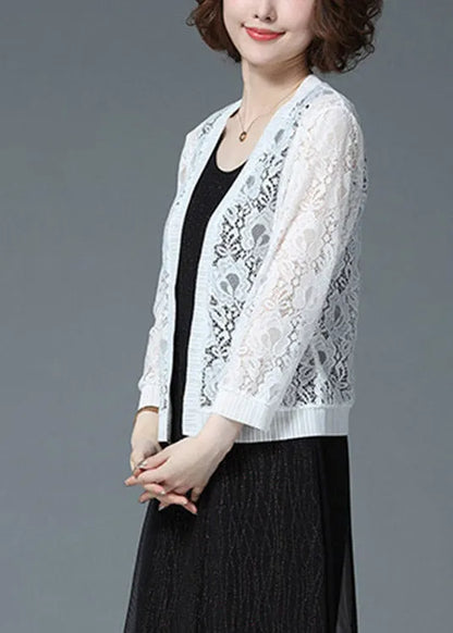 White Hollow Out Lace Upf 50+ Cardigan Long Sleeve