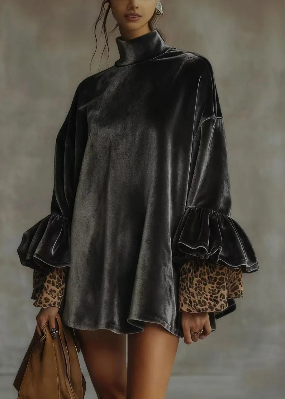 Loose Army Green Turtleneck Leopard Patchwork Velour Mini Dresses Spring