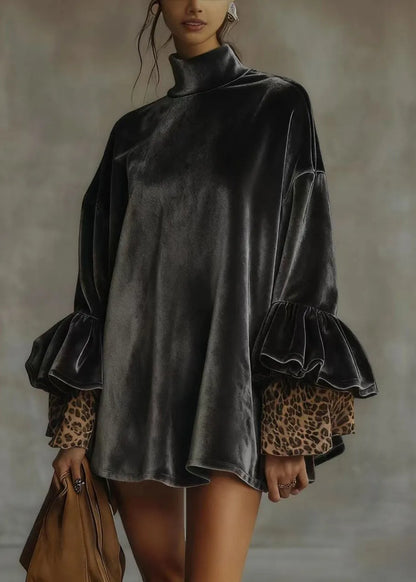 Loose Army Green Turtleneck Leopard Patchwork Velour Mini Dresses Spring