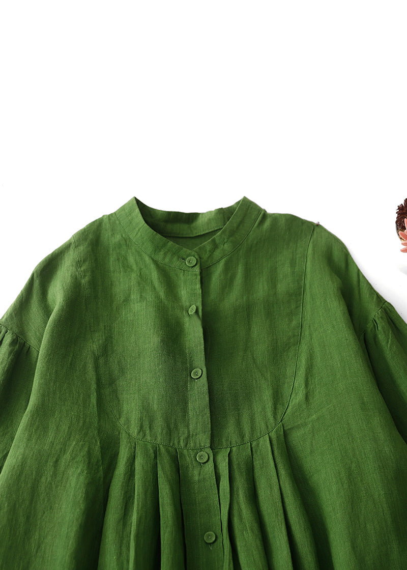 Art Green Button Wrinkled Cotton Blouses Dress Spring