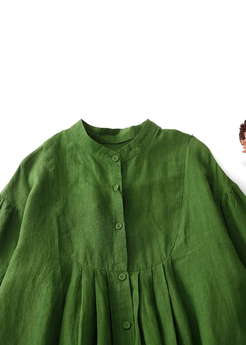 Art Green Button Wrinkled Cotton Blouses Dress Spring