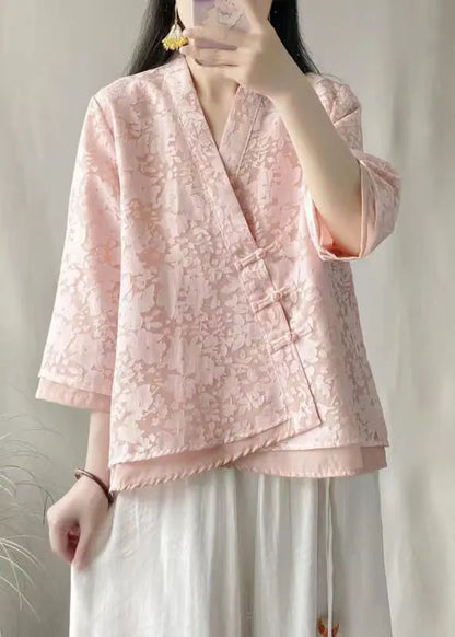 Fitted Pink Chinese Button Lace Shirt Top Spring