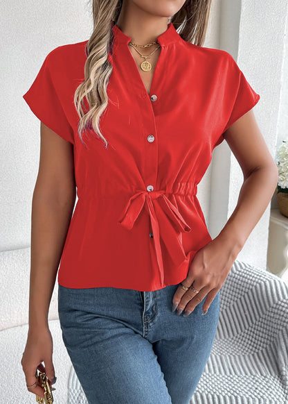 Fitted Blue V Neck Lace Up Chiffon Shirt Tops Summer