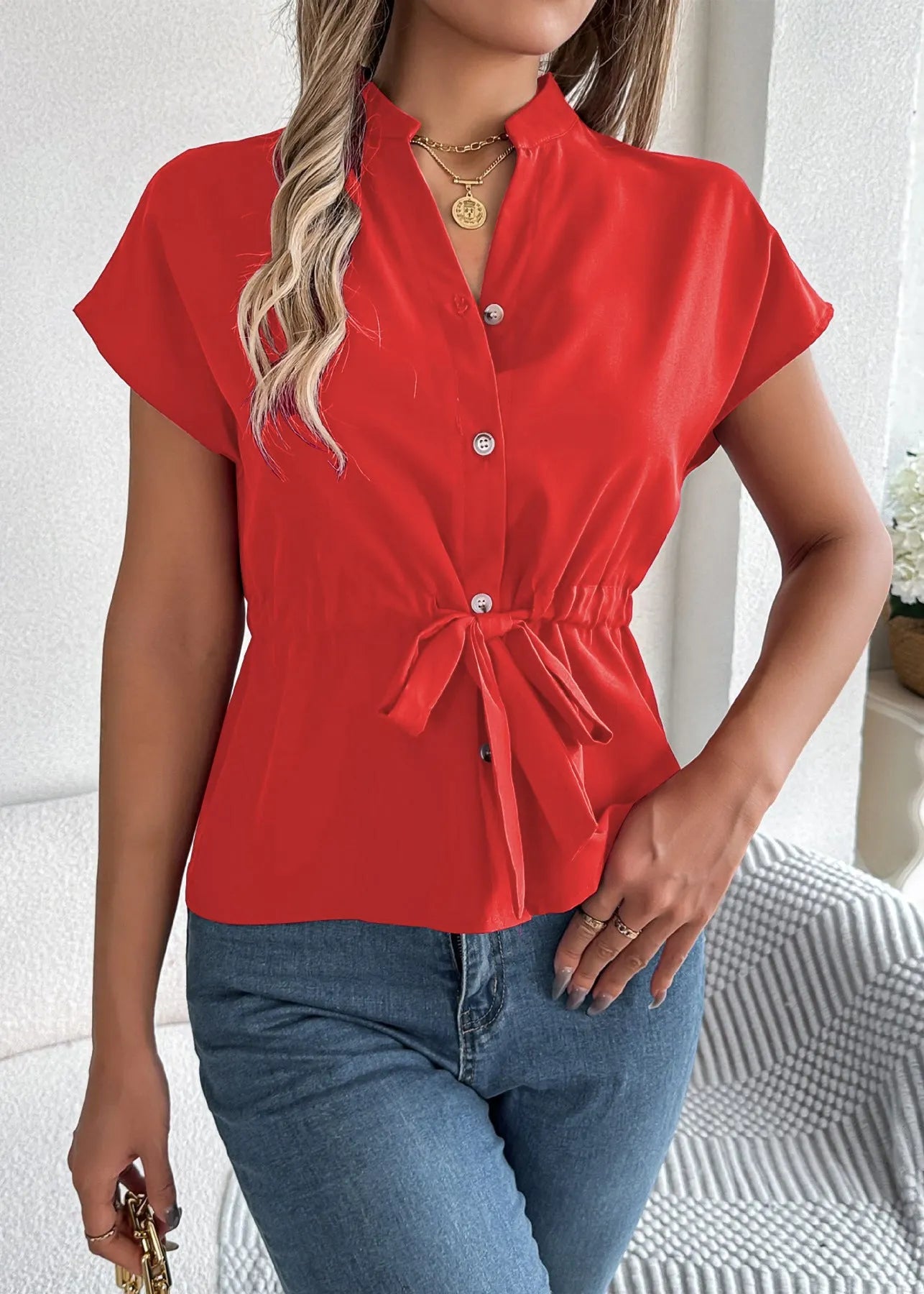 Fitted Blue V Neck Lace Up Chiffon Shirt Tops Summer