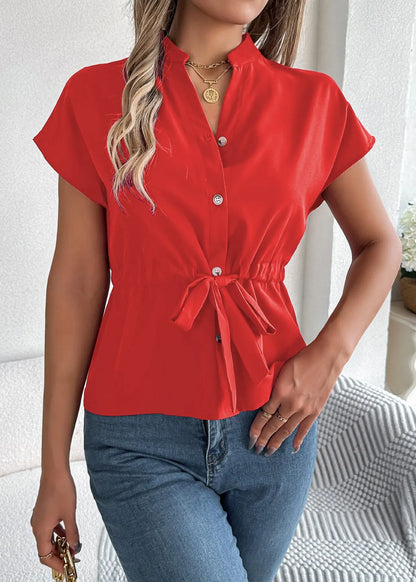 Fitted Blue V Neck Lace Up Chiffon Shirt Tops Summer