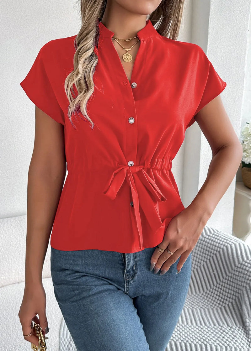 Fitted Blue V Neck Lace Up Chiffon Shirt Tops Summer