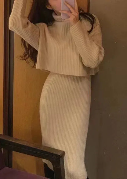 Pink Hign Neck Knit Two Pieces Set Winter