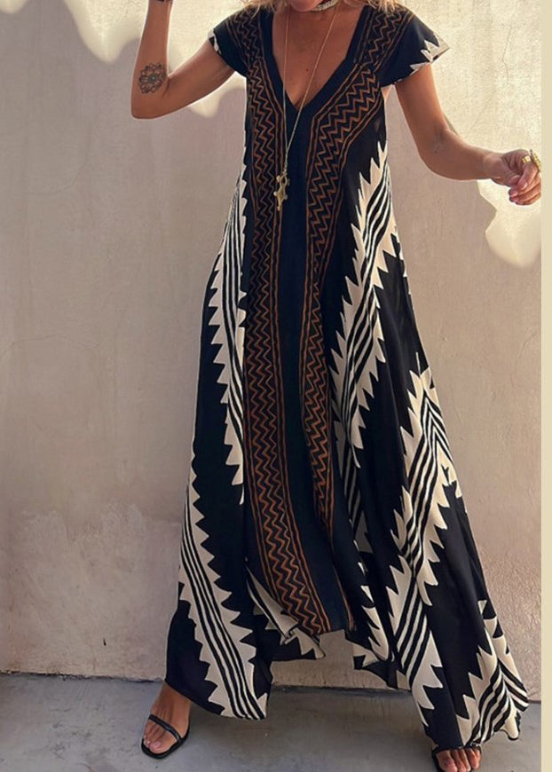 Black V Neck Print Cotton Long Dresses Summer