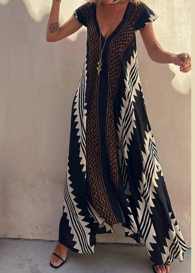 Black V Neck Print Cotton Long Dresses Summer