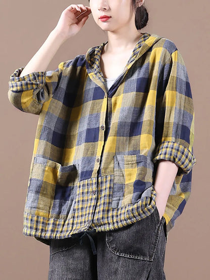 Loose Stitching Drawstring Cotton Linen Hooded Blouse Shirt