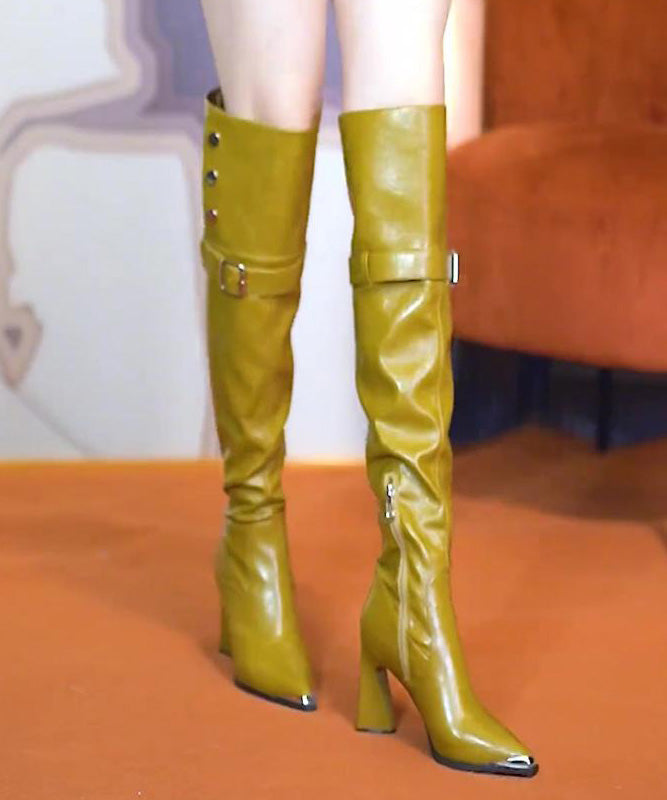 Yellow Chunky Heel Faux Leather Splicing Boots