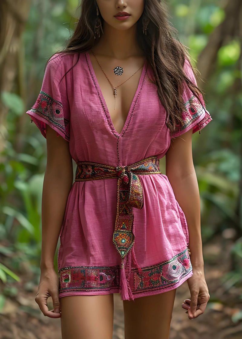 Pink V Neck Lace Up Patchwork Cotton Mid Dresses Summer