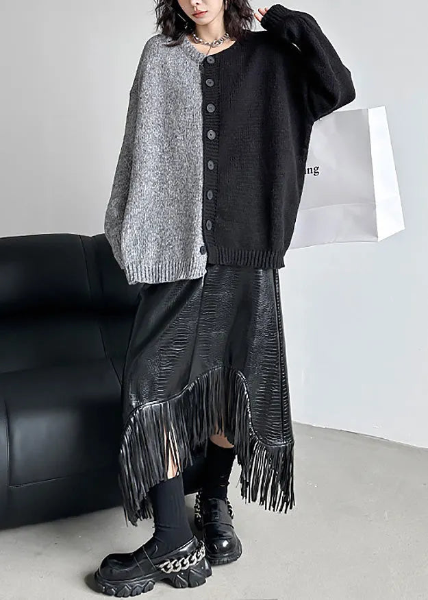 Boutique Black Asymmetrical Tasseled Faux Leather Skirts Spring