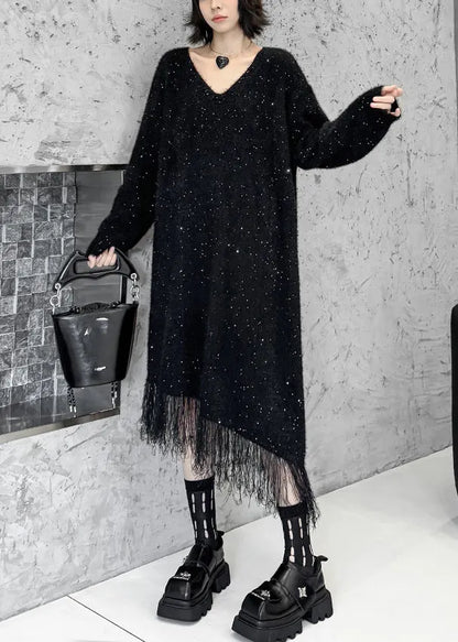 Black Asymmetrical Tulle Patchwork Sequins Cotton Knit Sweater Dress Fall