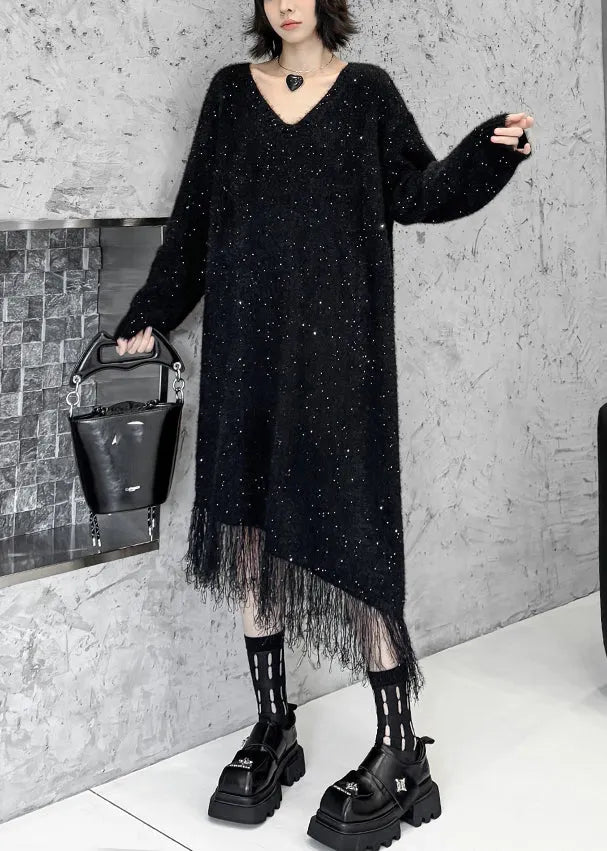Black Asymmetrical Tulle Patchwork Sequins Cotton Knit Sweater Dress Fall