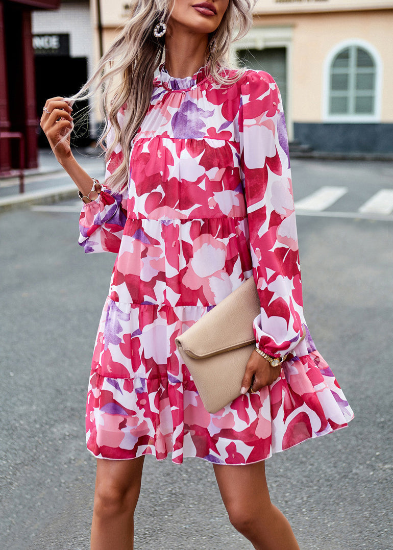 Rose Ruffled Print Cotton Mid Dress Fall