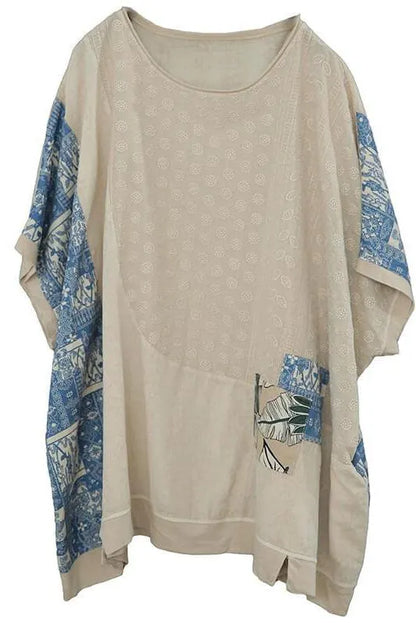Cotton Linen Patchwork Stitching Split T-shirt