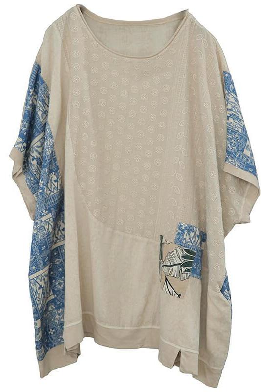 Cotton Linen Patchwork Stitching Split T-shirt