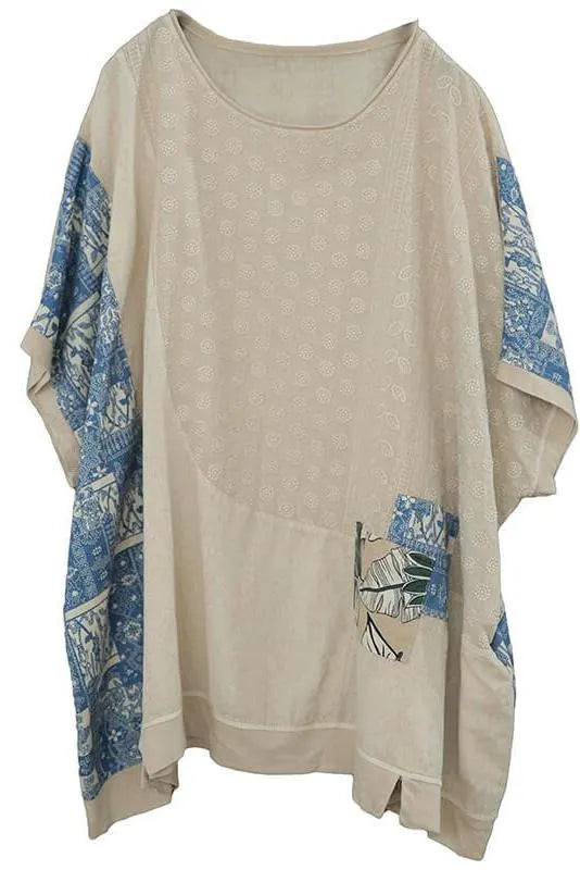 Cotton Linen Patchwork Stitching Split T-shirt